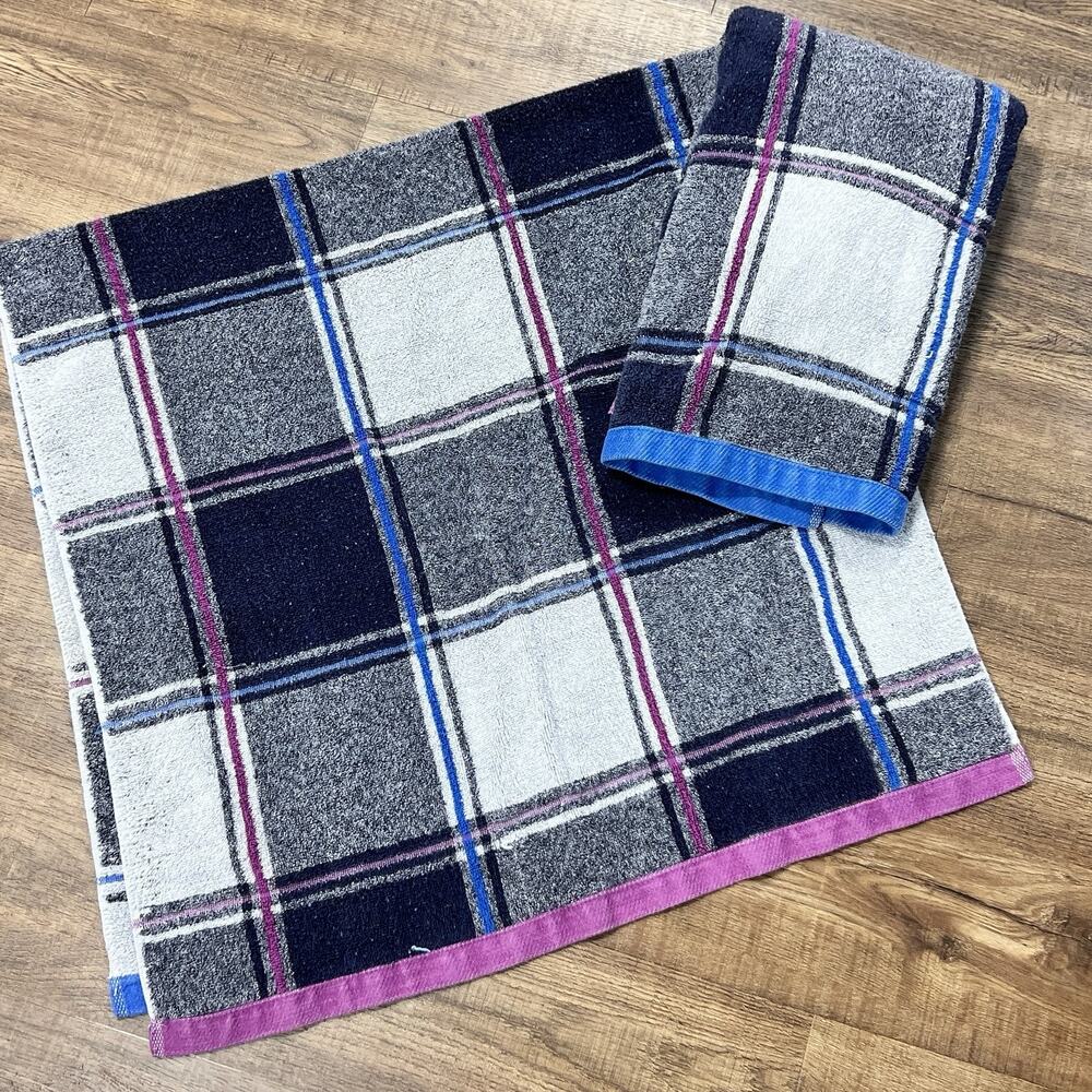 Set 2 Vintage 90s Cannon Blue Plaid Towel Fieldcrest Bath Purple Navy 26x50